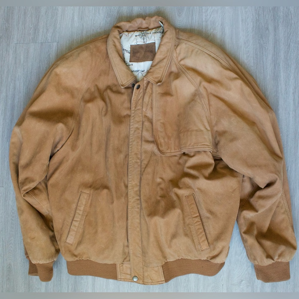 Vintage Marlboro Adventure Team Jacket‎ XL Gun Flap Brown Leather Bomber Map 90s